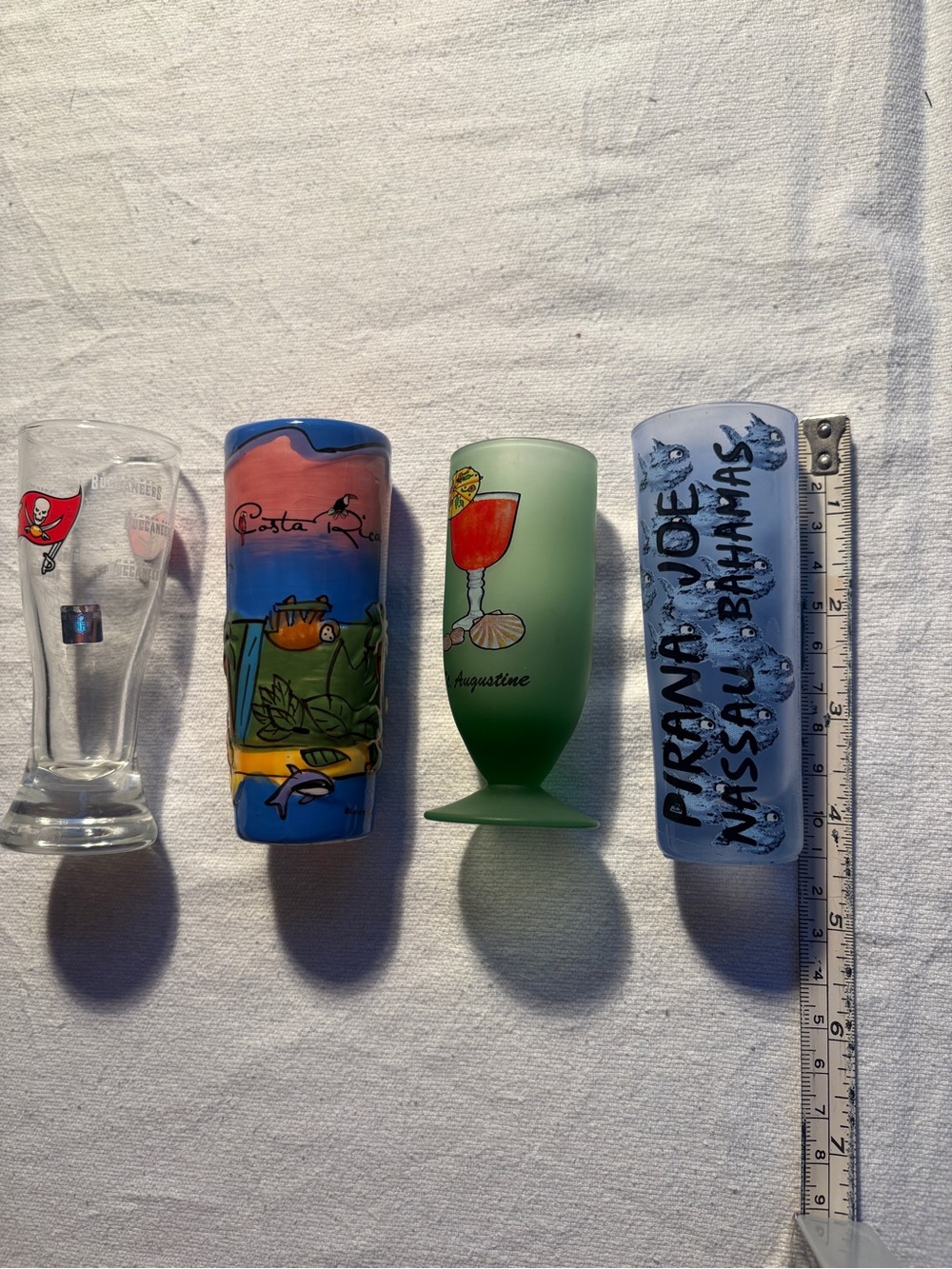 Lot of 4 novelty 2.5oz Glass Shot Glasses Decorated Tampa Bay/ Costa Rica/Bahama - Picture 2 of 9